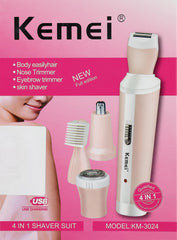 Kemei 4 in1 Women Hair Remover Kit Rechargeable For Body, Nose, Eyebrows, Face